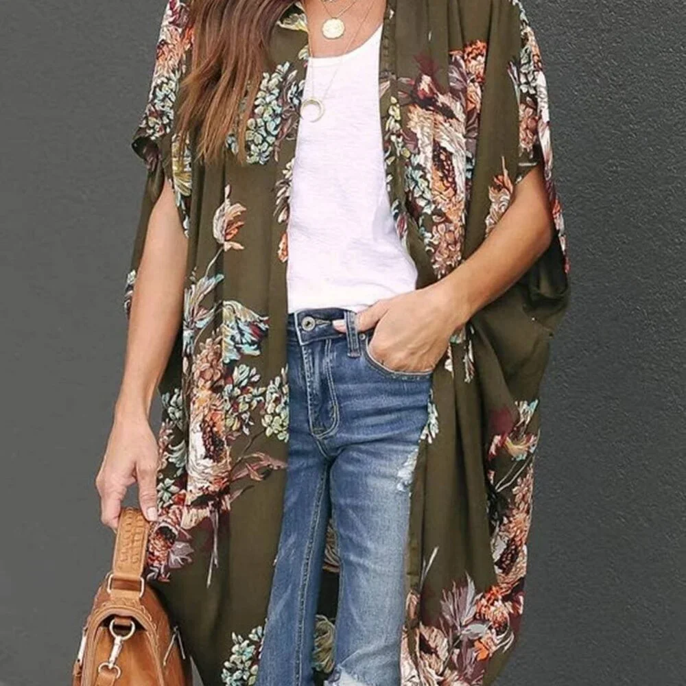 Womens Floral Kimono Duster Cardigans Short Sleeve Draped Oversized Beach Cover - Picture 3 of 6